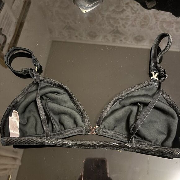 Victorias’s Secret VERY SEXY Sparkly Triangle Bralette Black 34C 36C Front Clasp - Picture 4 of 4
